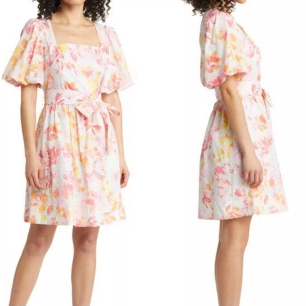 Eliza J Floral Print Cotton Square Neck Puff‎ Sleeve Mini Dress Size 4 NWOT BB3